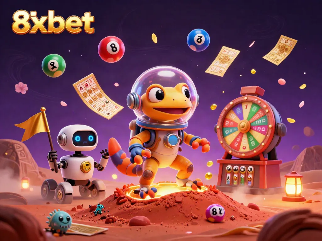 Experience the thrill of 8xbet with a dynamic scene of a Martian gecko exploring a golden casino.