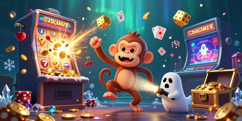 Engage with c168games in a haunted casino scene featuring a monkey and a puppy amidst a jackpot celebration.