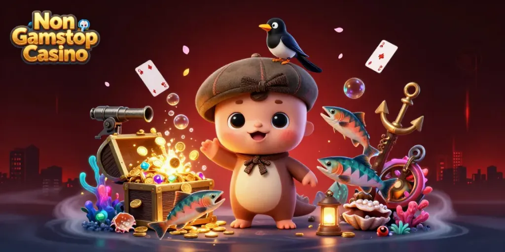 Engage with thrilling gaming at Non Gamstop Casino, featuring charming characters and vibrant casino elements.