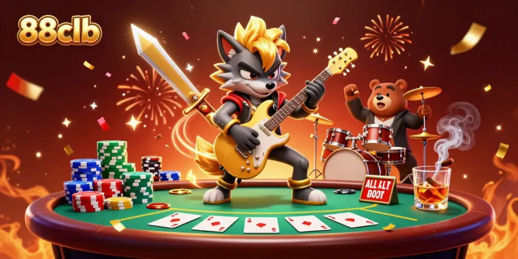 88clb showcases a lively 3D casino scene with a rock star wolf and vibrant poker action.