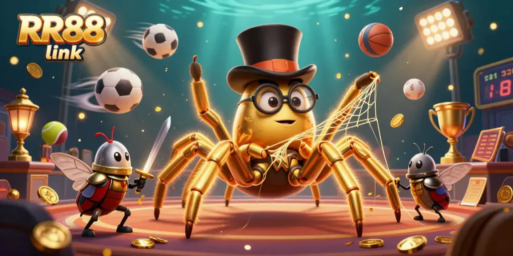 Bet on exciting games with the RR88 link, featuring a vibrant scene of a golden tarantula and beetle knight.