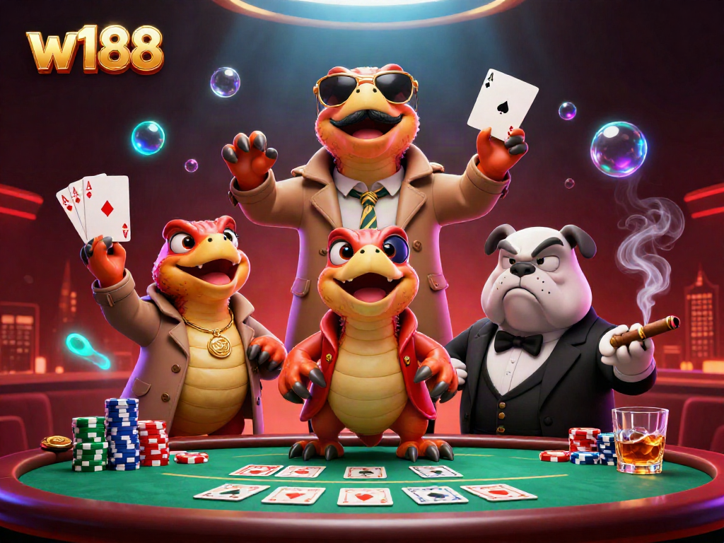 W188 raptors in a trench coat enter a VIP casino, embodying fun and strategy.