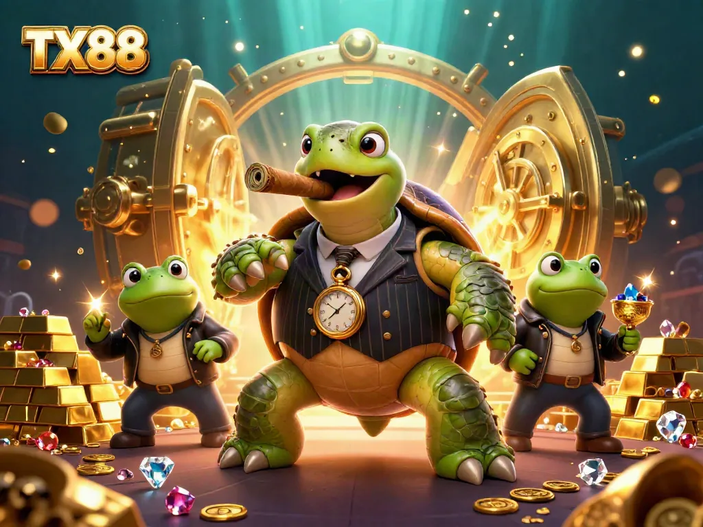 Experience the excitement of TX88 with animated characters and casino treasures glowing all around!
