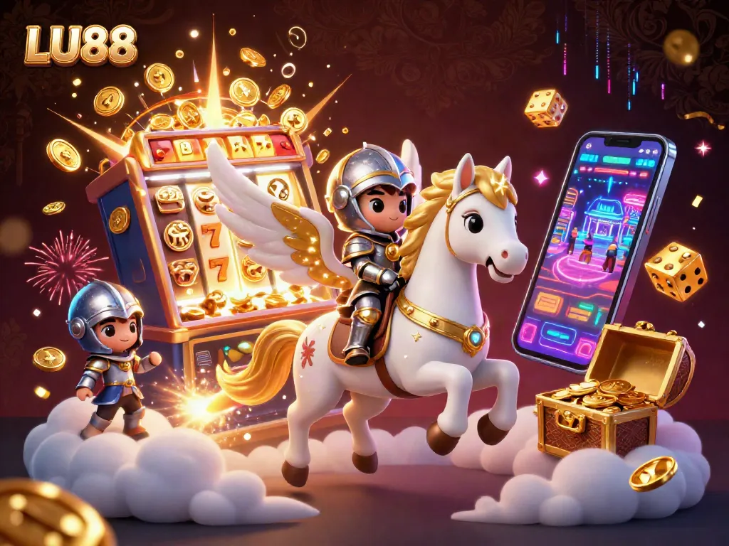 Win massive jackpots at LU88 with a celestial theme featuring knights and treasure in a vibrant casino scene.
