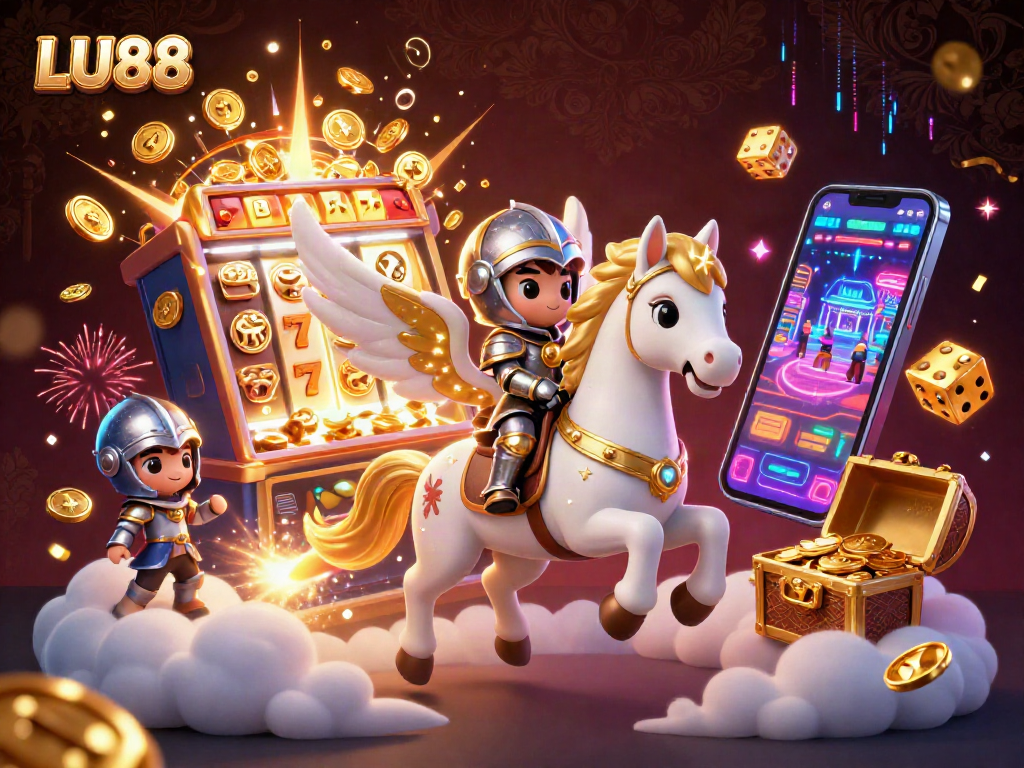 Win massive jackpots at LU88 with a celestial theme featuring knights and treasure in a vibrant casino scene.