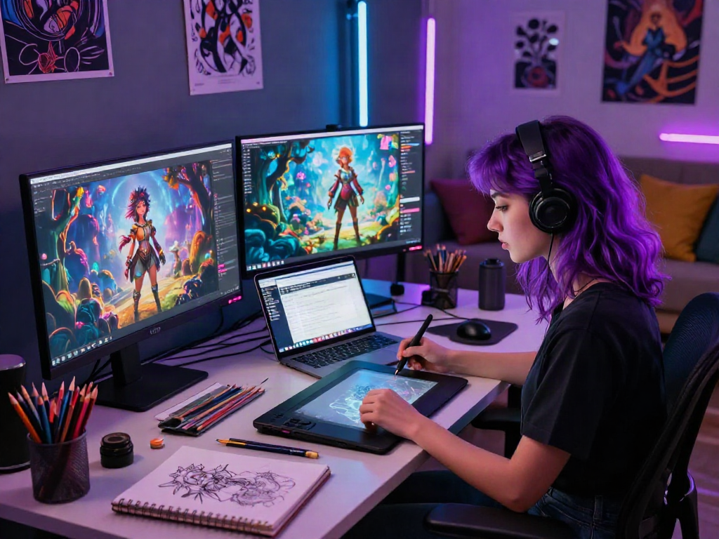 AI NSFW artist creating digital fantasy content in a vibrant creative workspace