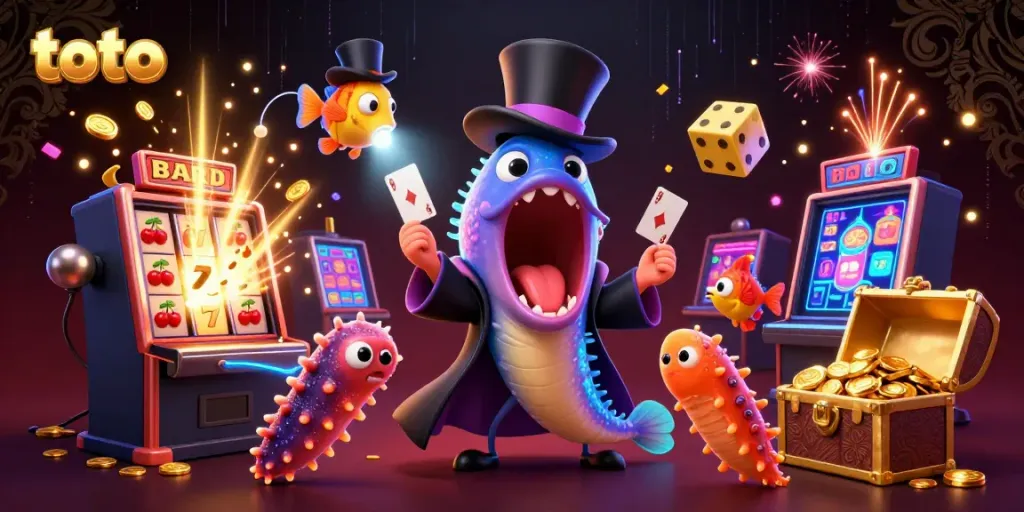 Watch the toto characters perform magical casino tricks surrounded by vibrant gaming elements.
