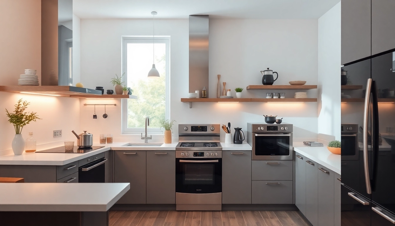 Showcase a modern kitchen with бяла техника appliances, highlighting their sleek designs and vibrant ambiance.