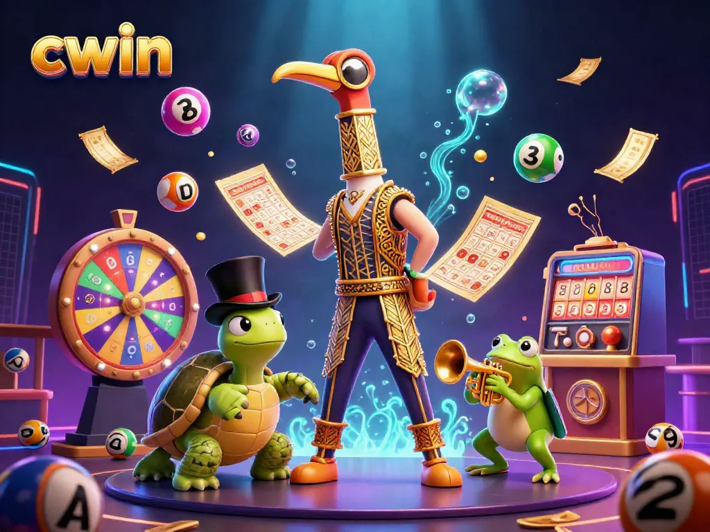 Cwin's vibrant 3D casino illustration showcases a unique flapper crane, turtle, and frog, against colorful lottery elements.