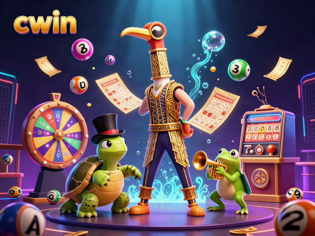 Cwin's vibrant 3D casino illustration showcases a unique flapper crane, turtle, and frog, against colorful lottery elements.