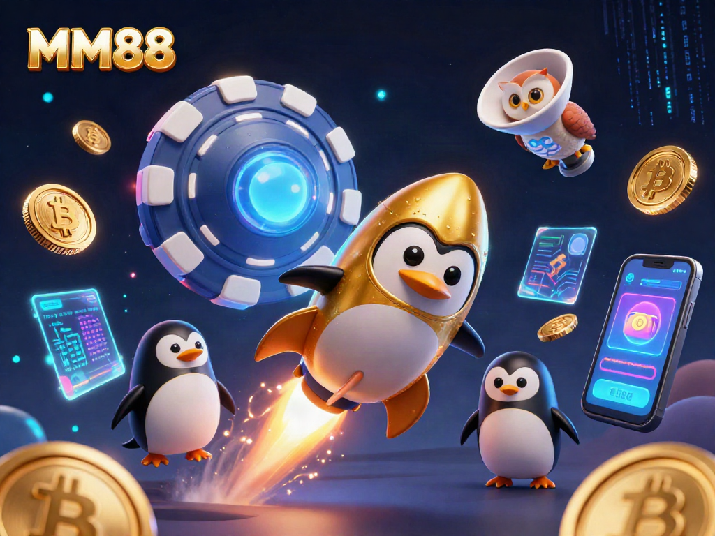 Experience the thrill of MM88 with a rocket-powered penguin amidst crypto elements and a stunning casino backdrop.
