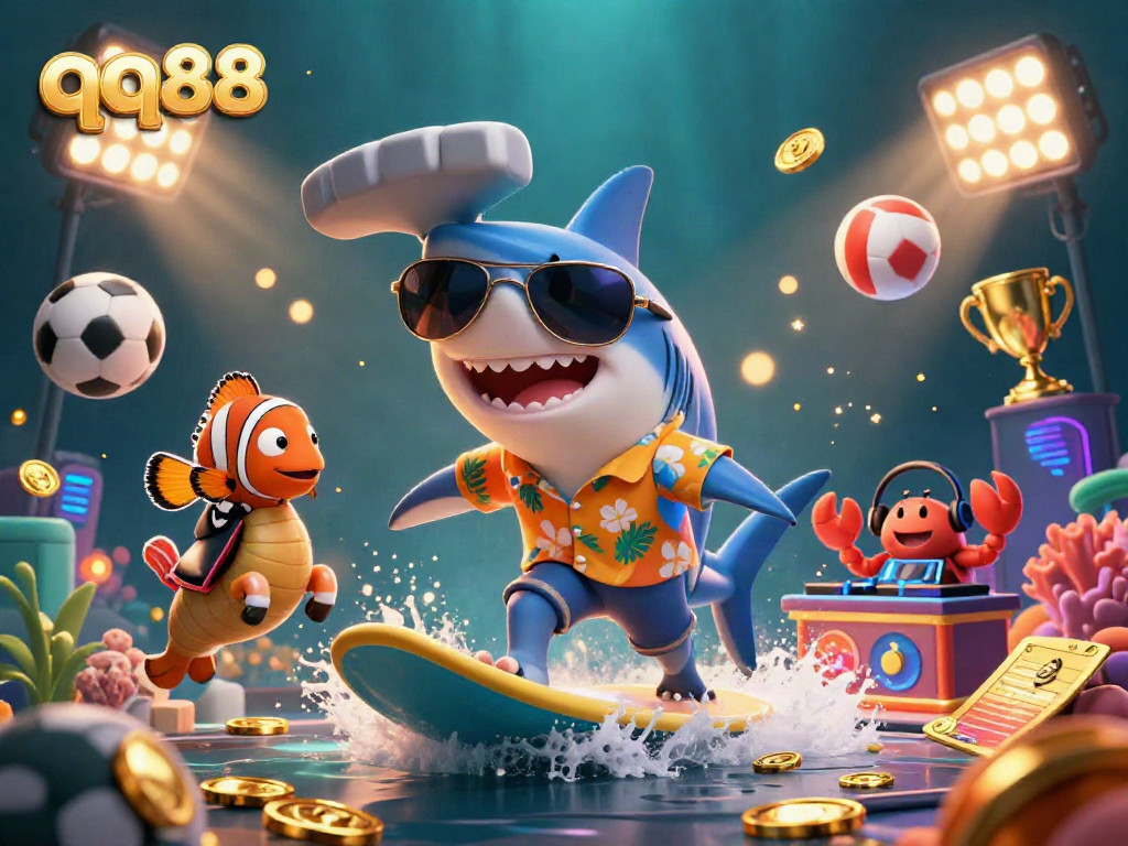 Experience the thrill of qq88 with a lively scene of a shark surfing gold coins surrounded by vibrant gaming elements.