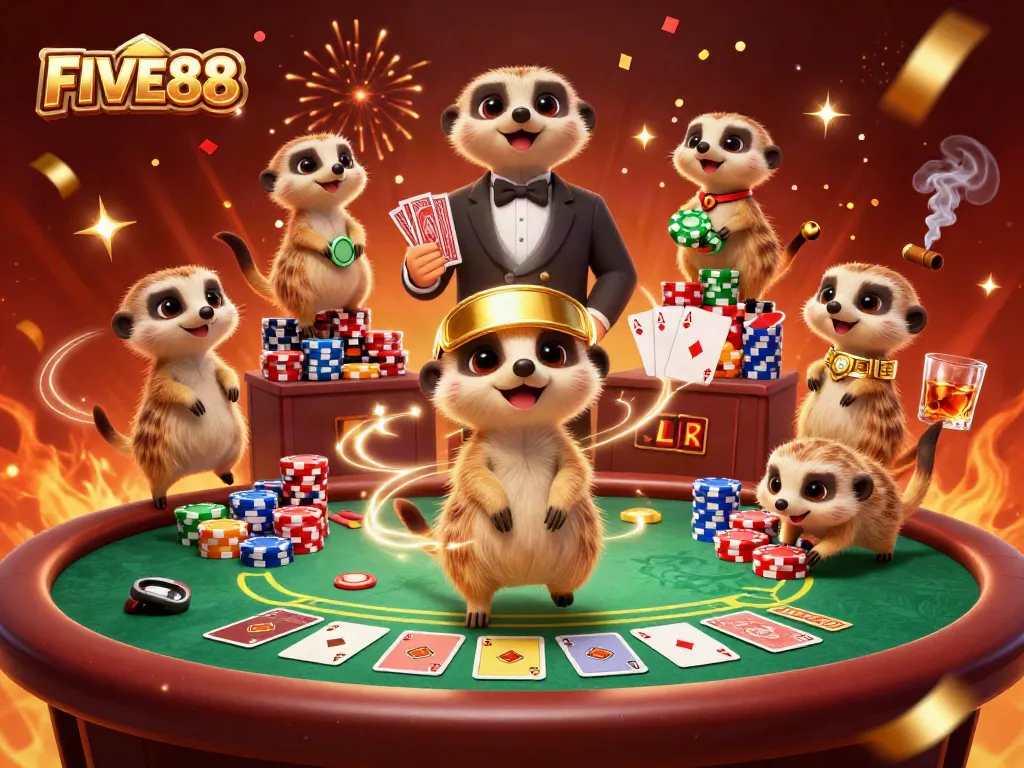 Experience the thrill with FIVE88's lively casino scene featuring playful meerkats amidst poker action.