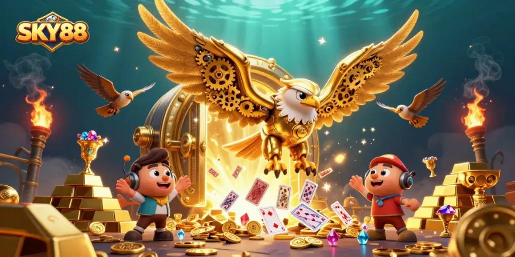 Experience thrilling gameplay at SKY88 with holographic playing cards and treasures.