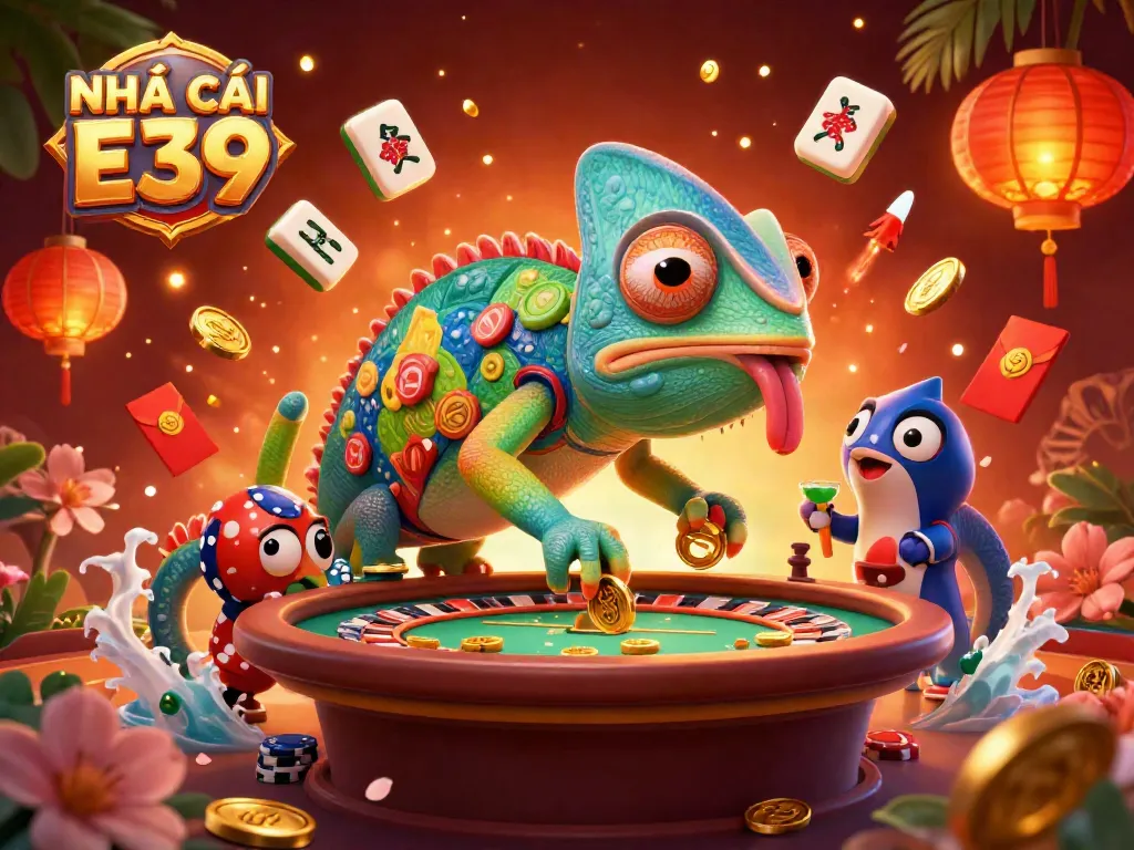 Experience the vibrant energy of NHÀ CÁI E39 with a dynamic 3D casino scene featuring our chameleon host amidst festive gambling elements.