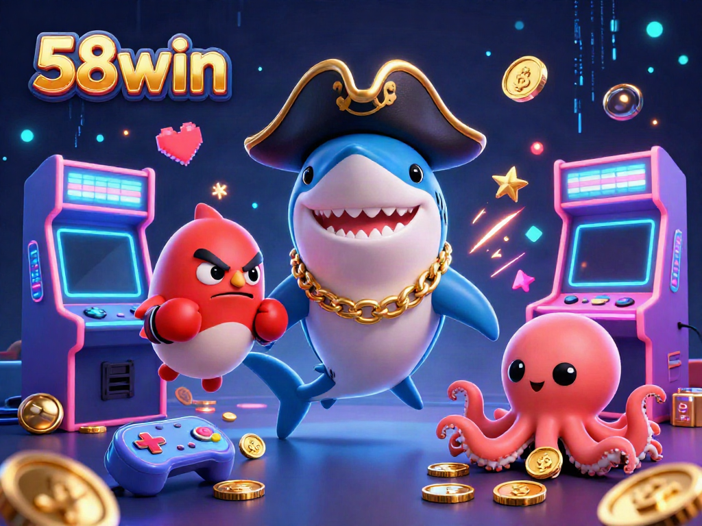 Join the action at 58win with a vibrant illustration of a pirate shark and friends enjoying dynamic casino games.