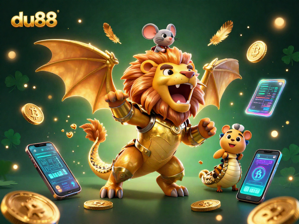 Engage in thrilling gambling at du88 with vibrant casino characters and crypto elements.