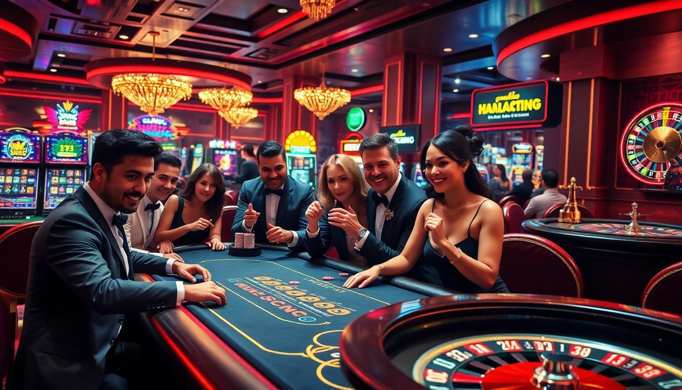 The excitement of a casino scene featuring players betting at blackjack and online interfaces from https://bet888.solutions/.