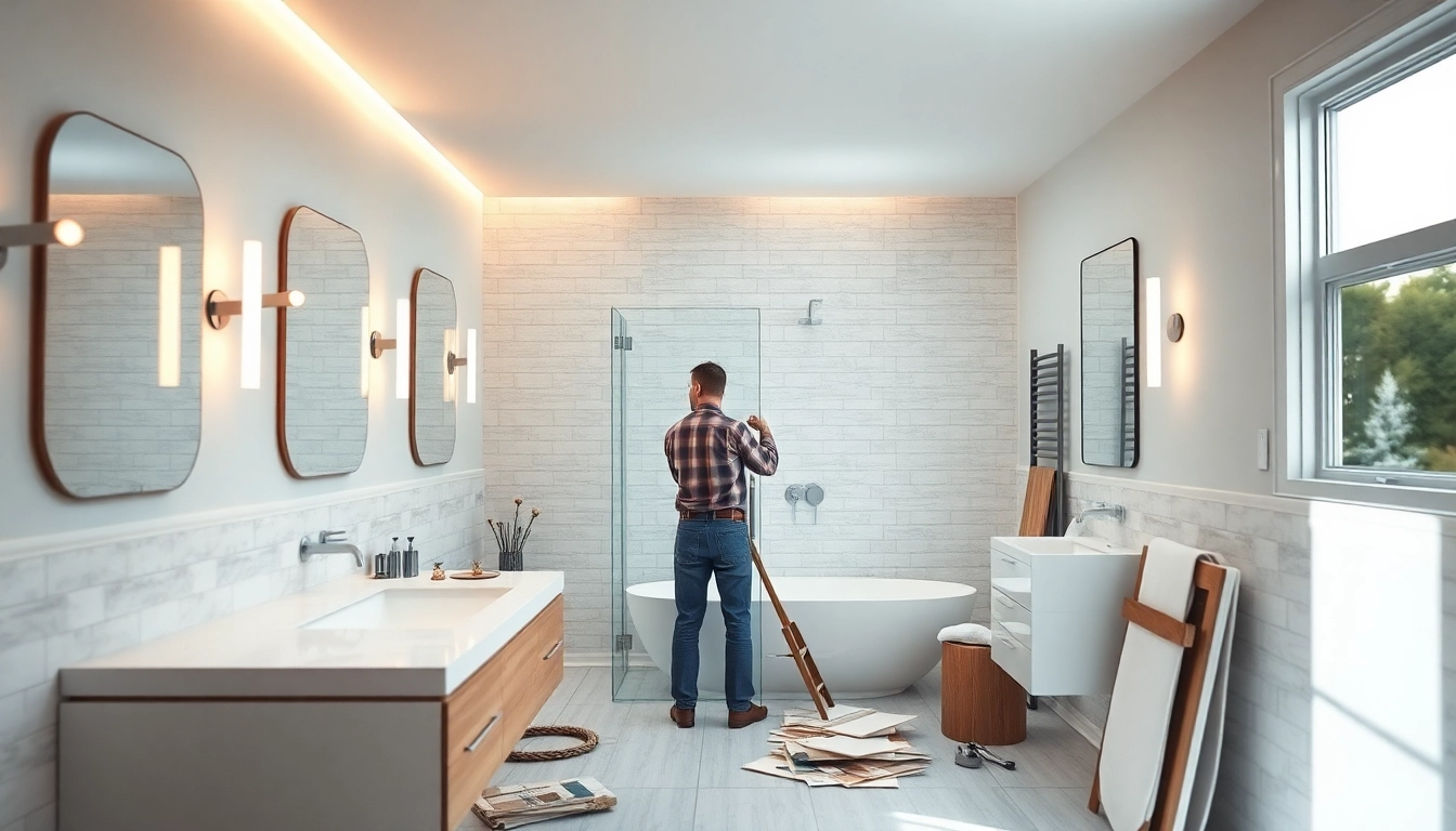 Skilled bathroom remodeling contractor refurbishing a modern bathroom with stylish fixtures and fresh tiles.