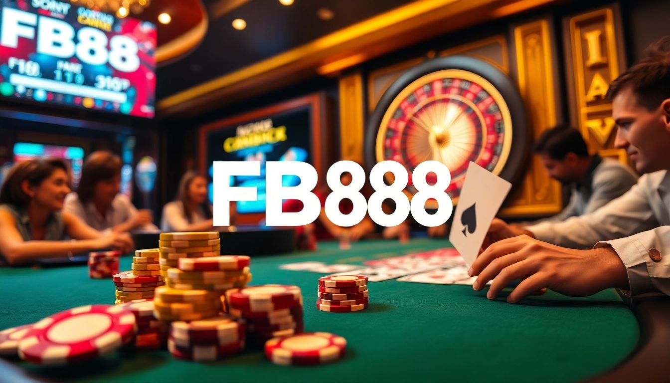 FB88 poker players enjoy a thrilling game with colorful chips and cards at an upscale casino table.