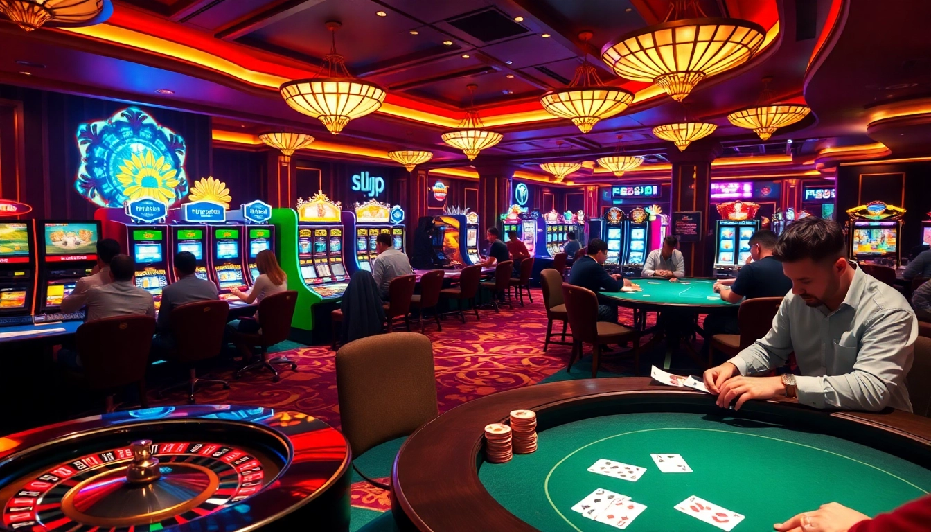 Experience the excitement of game bài đổi thưởng with players at poker tables and vibrant slot machines.