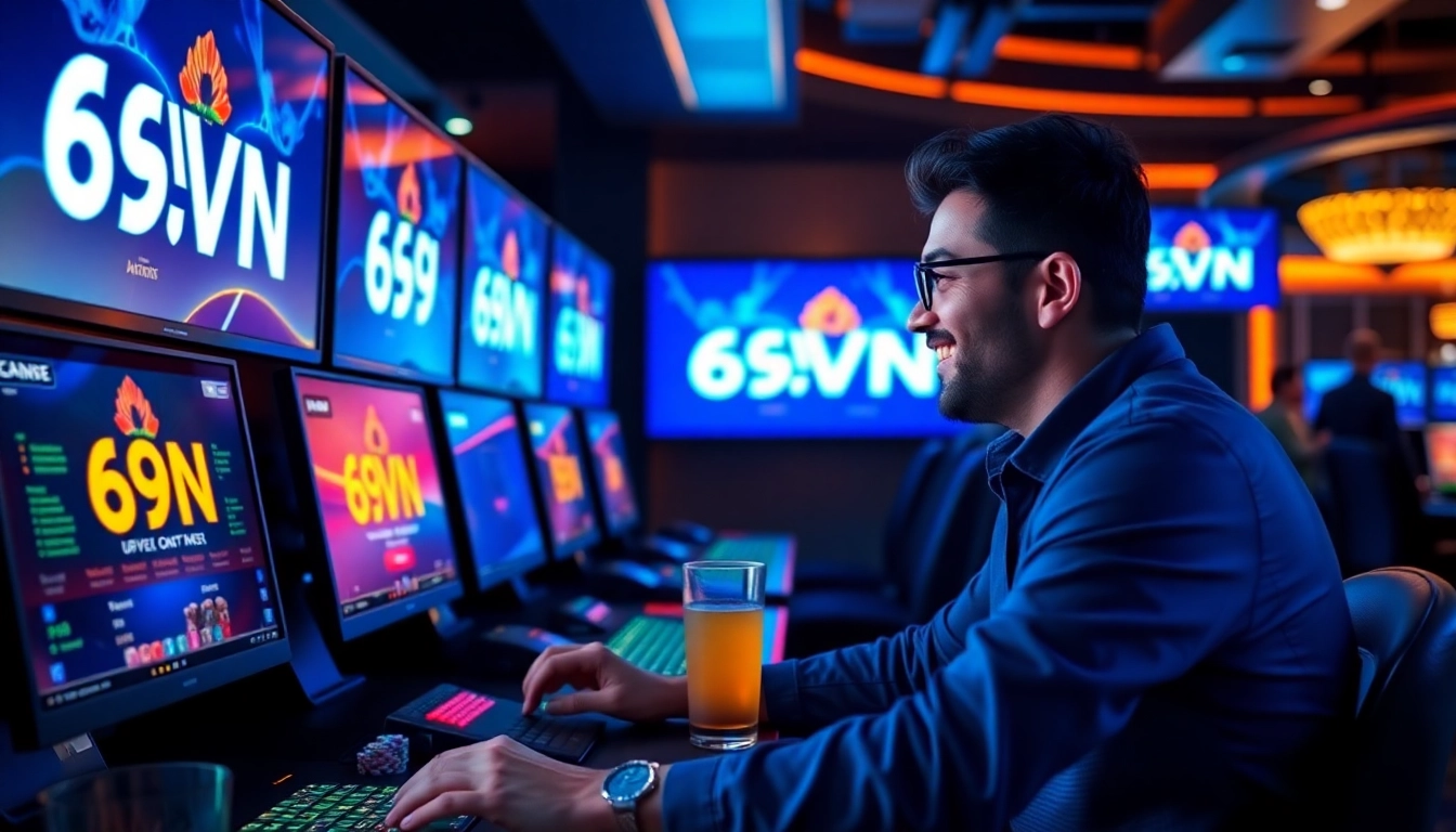 Explore the vibrant gaming atmosphere of 69VN with an engaged player at a modern setup.