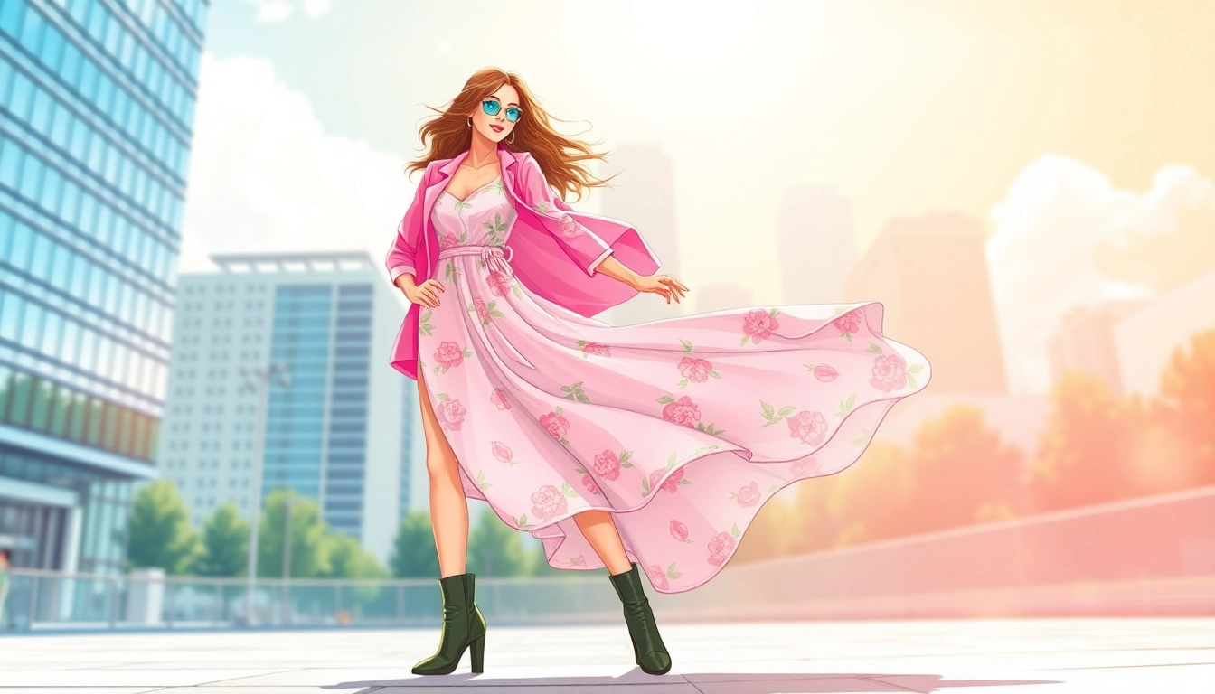 Explore a modern woman fashion style with a vibrant outfit set against a chic urban backdrop.