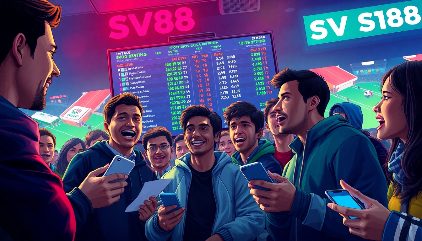 Excited bettors engaging with SV88 sports betting technology at a vibrant venue.