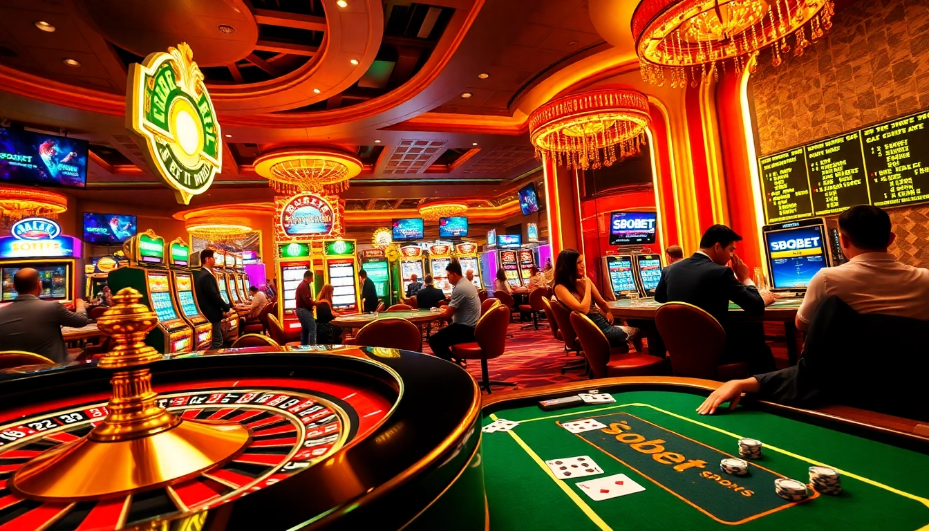 SBOBET players thrillingly engage at roulette and poker tables in a luxury casino.