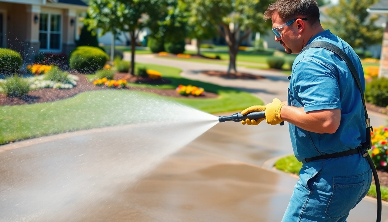 Professional pressure washing revitalizing a dirty driveway in a sunny neighborhood.