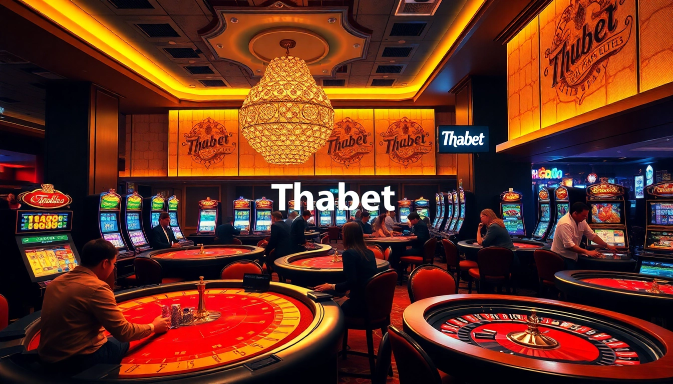 Exciting casino scene showcasing Thabet-themed blackjack tables, vibrant slot machines, and eager players strategizing their bets.