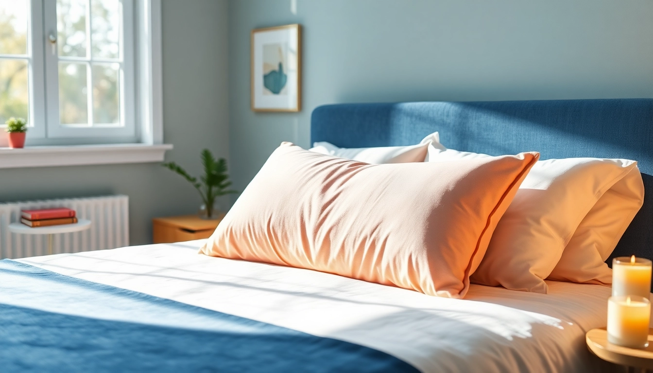 Explore custom body pillow cases showcasing unique designs on a cozy bed.