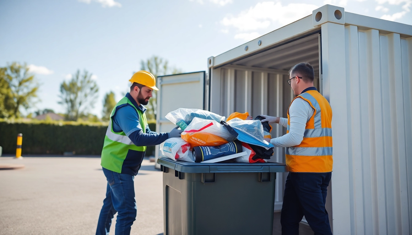 Efficient Schrottabholung Wuppertal service showcasing a team collecting scrap metal with a container.