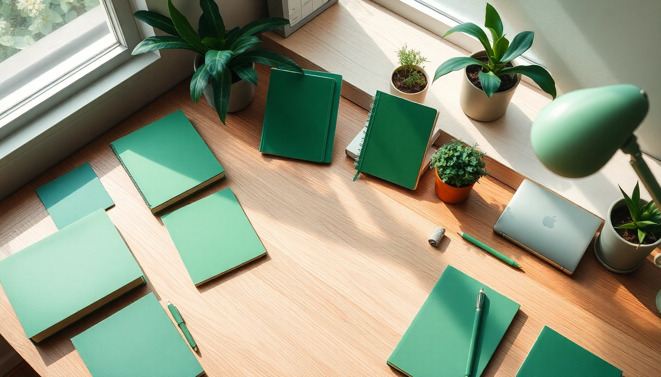 Discover beautifully arranged green stationery items on a wooden desk, inviting creative inspiration.