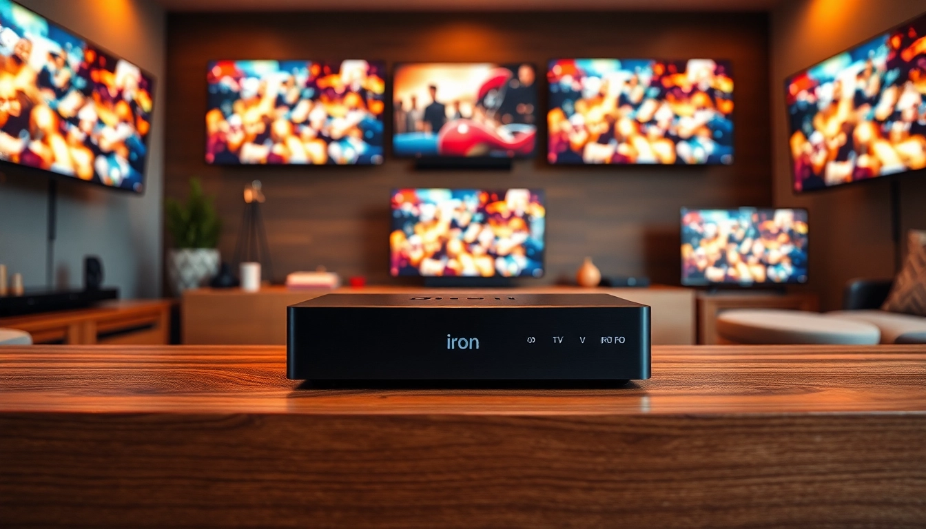 Showcase the iron tv pro device on a stylish entertainment center for streaming.