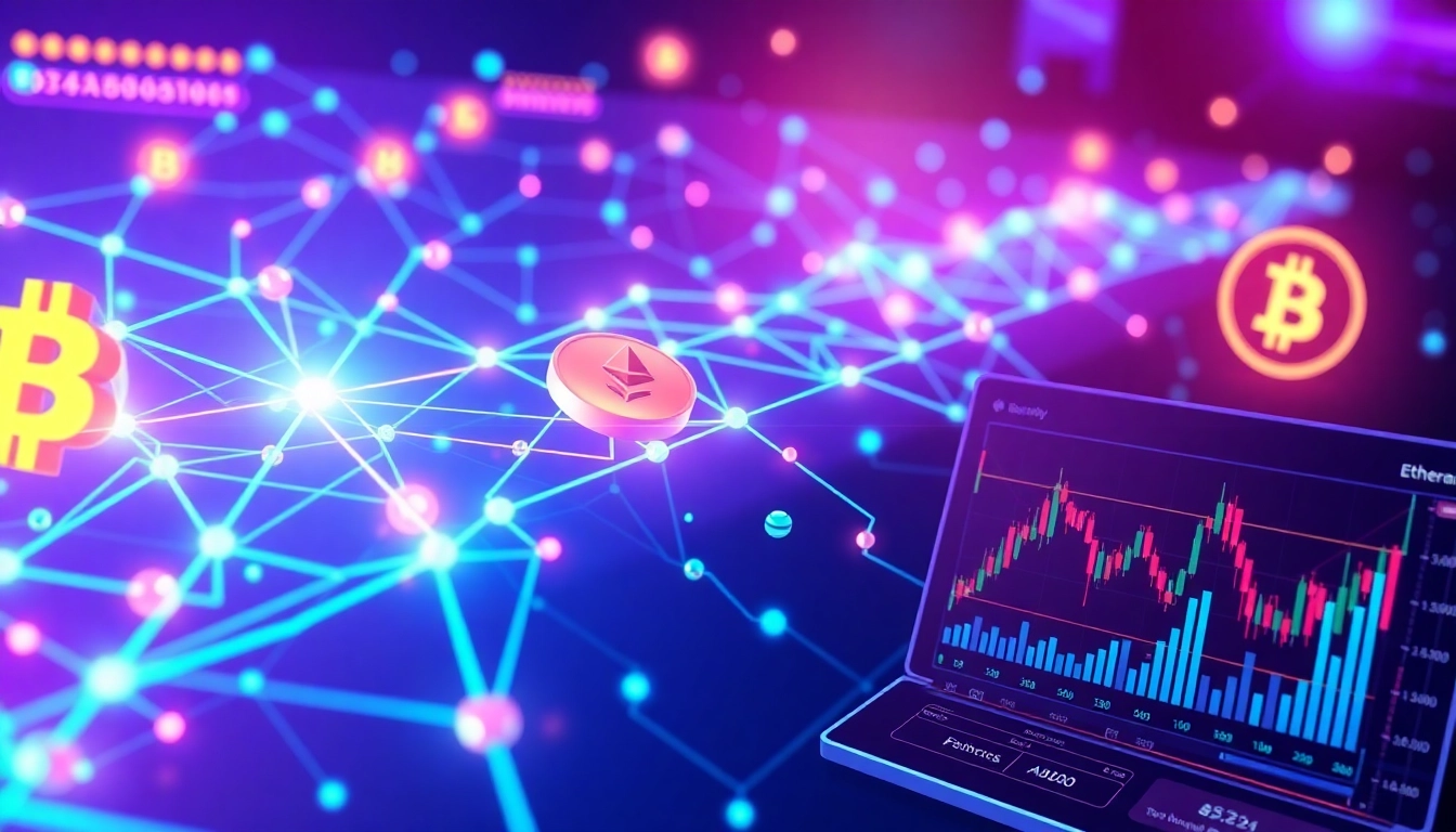 Cryptocurrency blockchain network visualization with Bitcoin and Ethereum symbols, digital wallet interface, and trading charts.