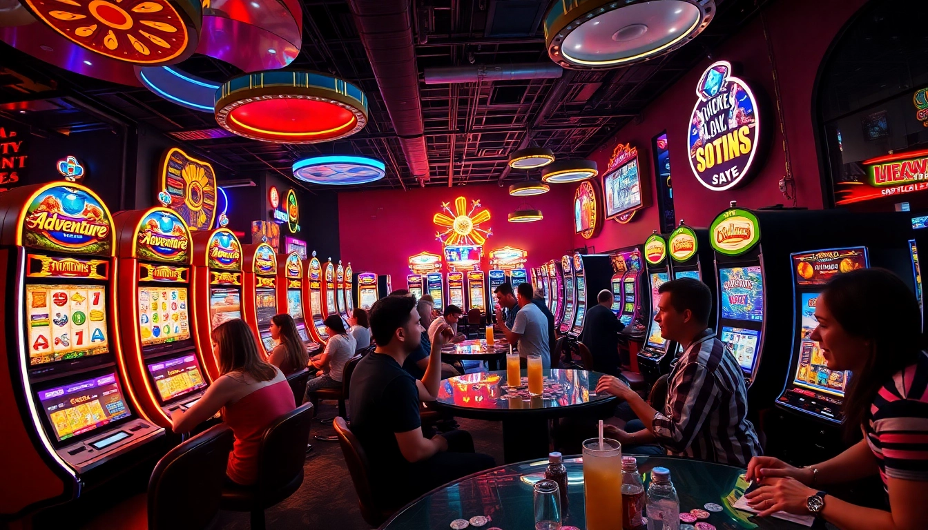 Exciting doaslot casino scene with diverse players engaging at vibrant slot machines.