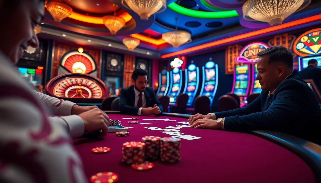 Experience the excitement of 99win gaming with a vibrant casino scene featuring poker and roulette.