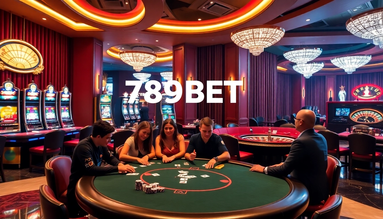 Experience the thrill of gamblers enjoying games at a luxurious casino, featuring key elements of 789BET LINK.