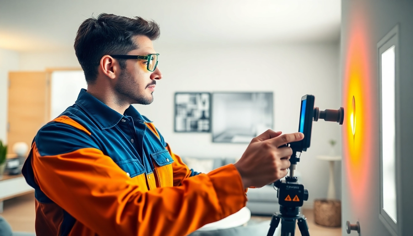 Water leak detection technician using thermal imaging camera in a residential setting.