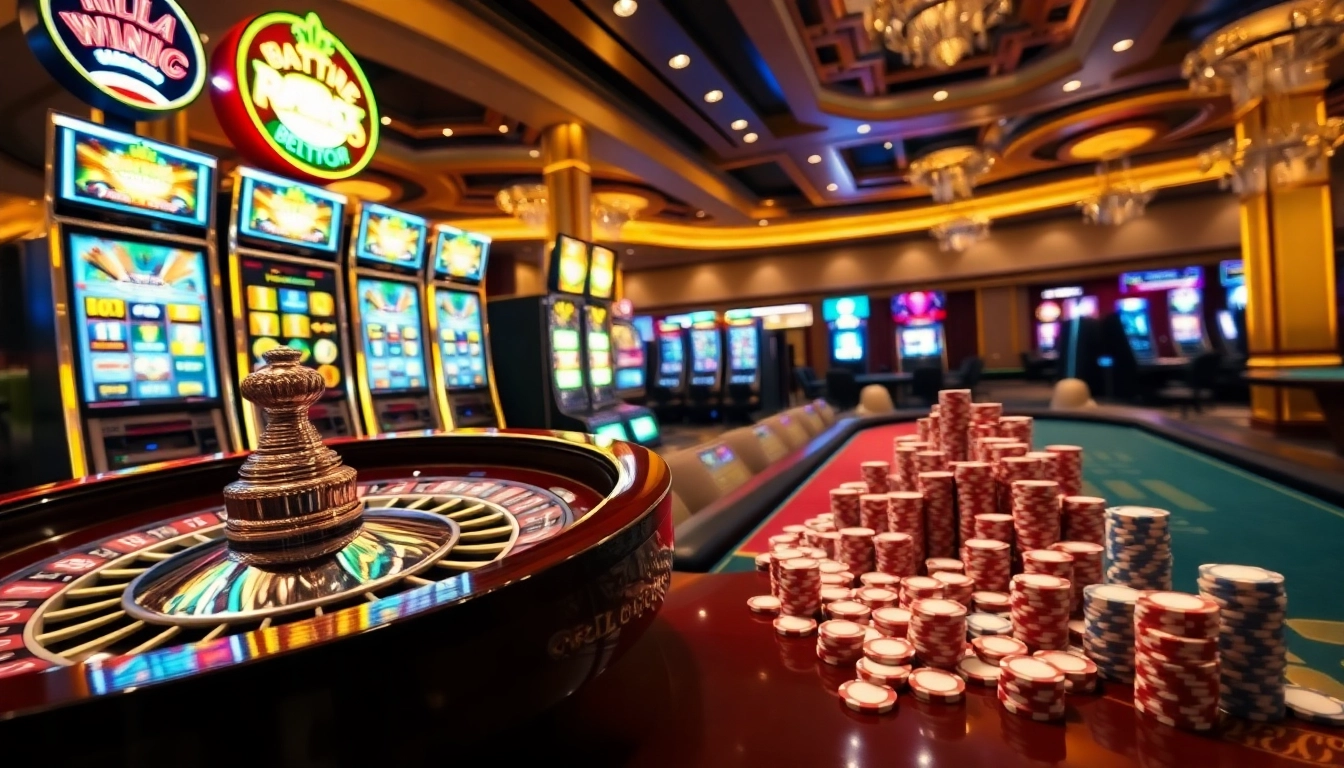 Players enjoying a dynamic casino experience at RAJABARONG with vibrant slot machines and spinning roulette wheels.
