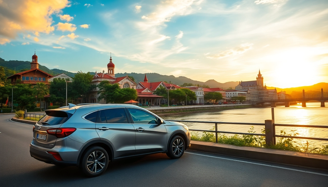 Kuching car hire scenic drive showcasing lush landscapes and modern rental car.