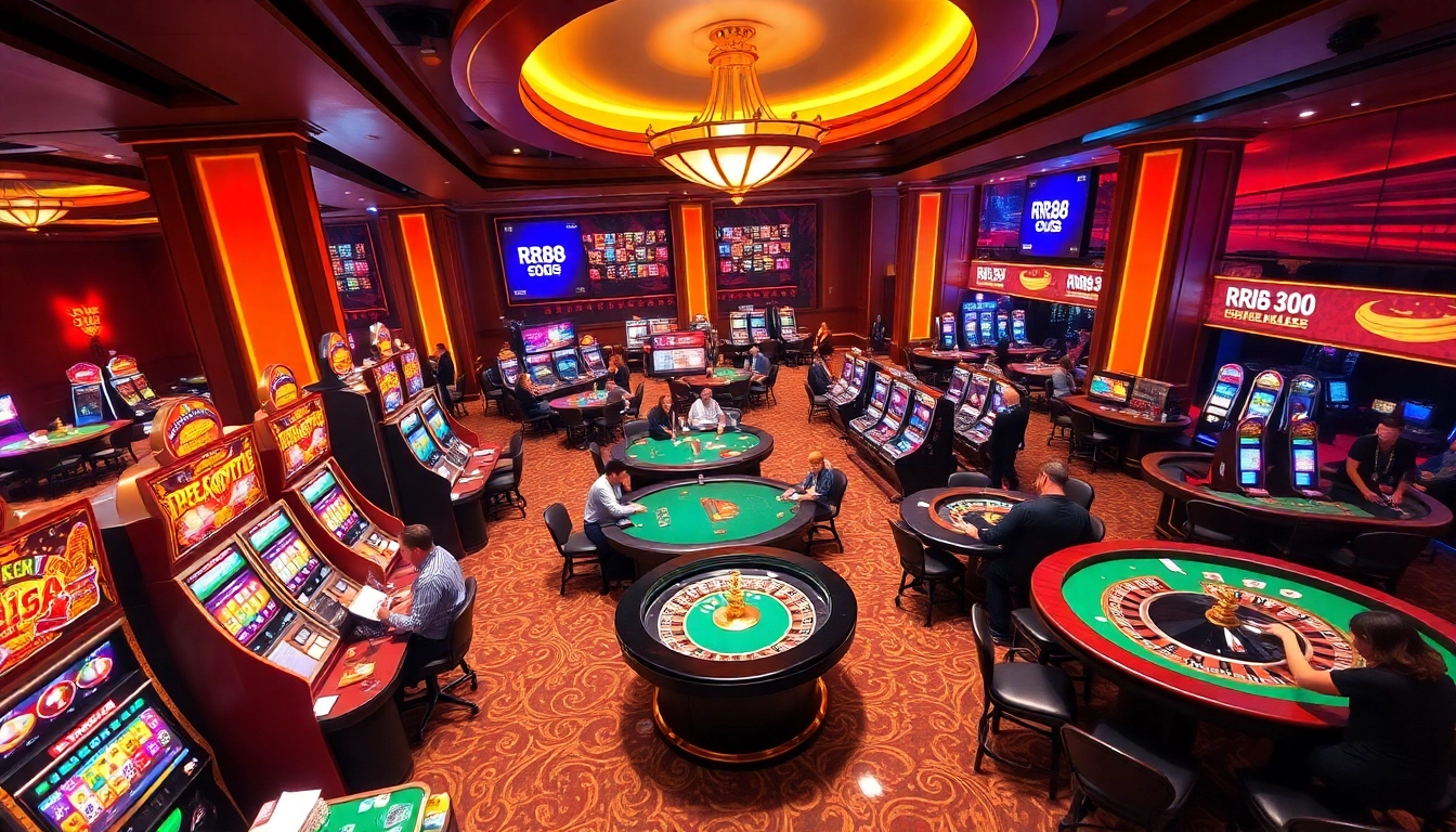 Experience the luxury of RR88 as players engage in vibrant casino games surrounded by elegant decor.