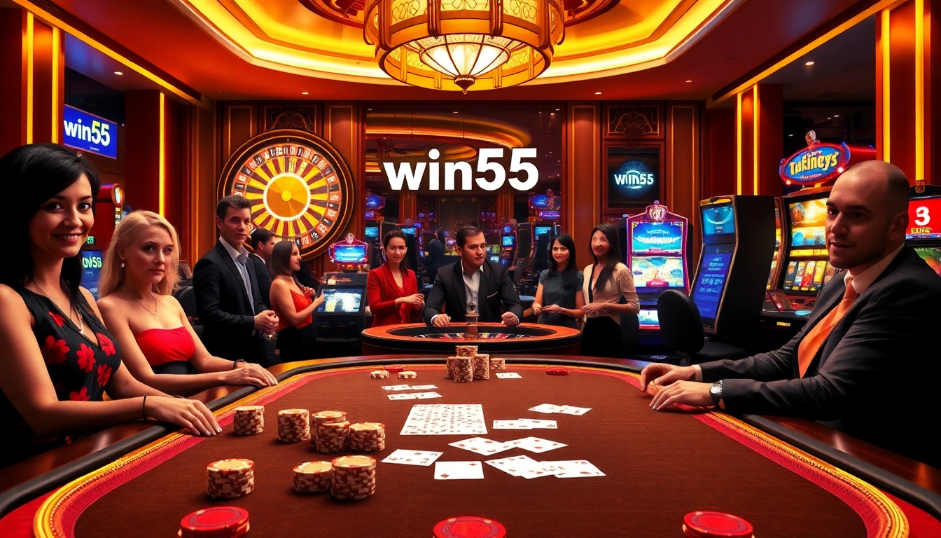 Players engaging in strategic play at a luxurious casino table with win55 betting odds displayed.