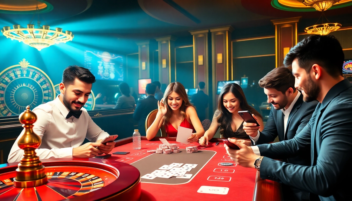 Engaged gamblers using the u888 app amid an exciting casino environment with slot machines and poker chips.