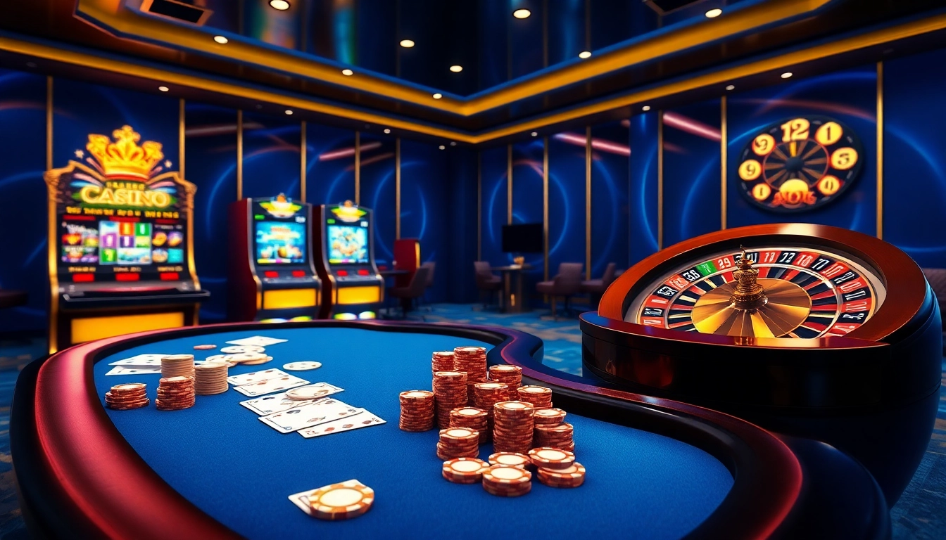 An engaging online casino scene at https://xx88.pizza/ featuring poker chips, cards, and a roulette wheel in action.