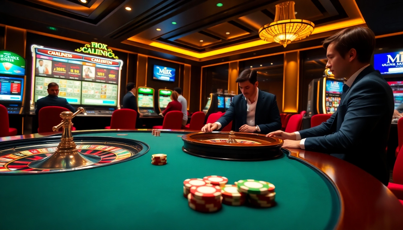 Vibrant casino scene featuring MM88.FOREX gambling tables, poker chips, and exciting gameplay, embodying luxury and excitement.