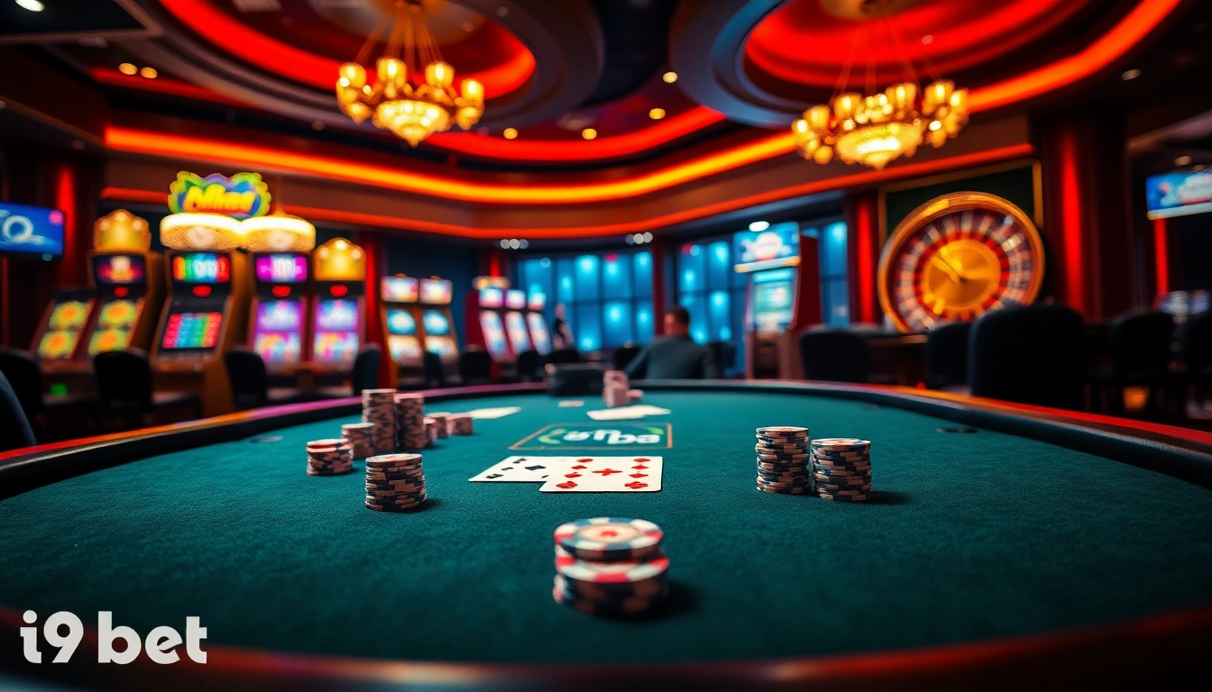 Experience high-stakes poker action at i9bet casino with vibrant gaming ambiance and premium table setup.