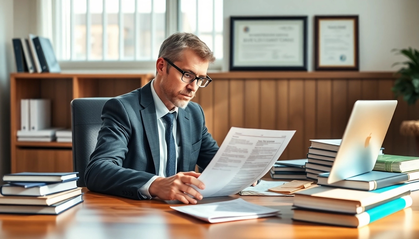 Certified translation workspace with translator reviewing documents, framed certification, and organized office.