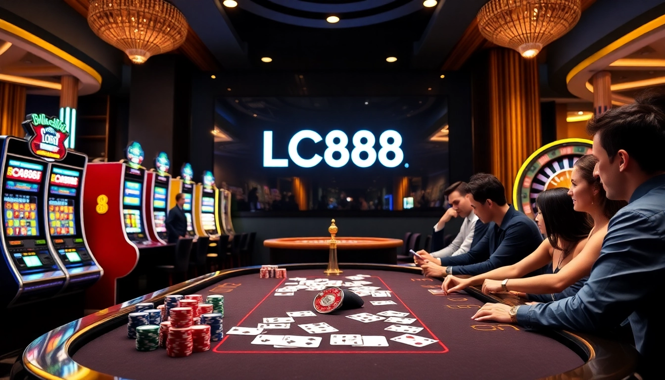 LC88 players strategizing at a high-stakes casino table filled with vibrant chips and cards.